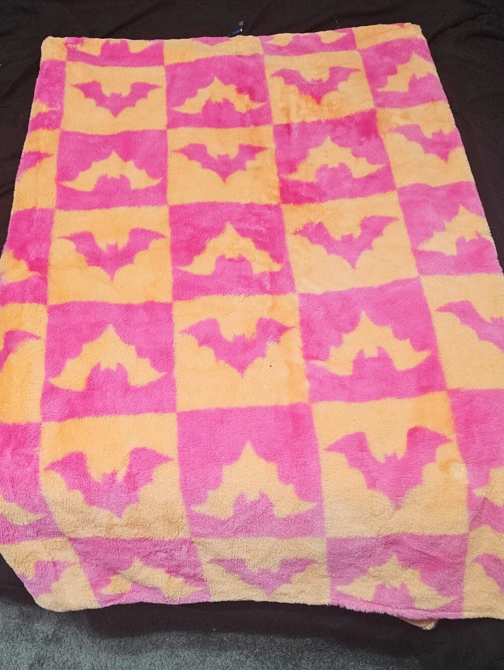 Novogratz Bat Checkered Orange/Neon Pink Oversized Halloween Throw Blanket